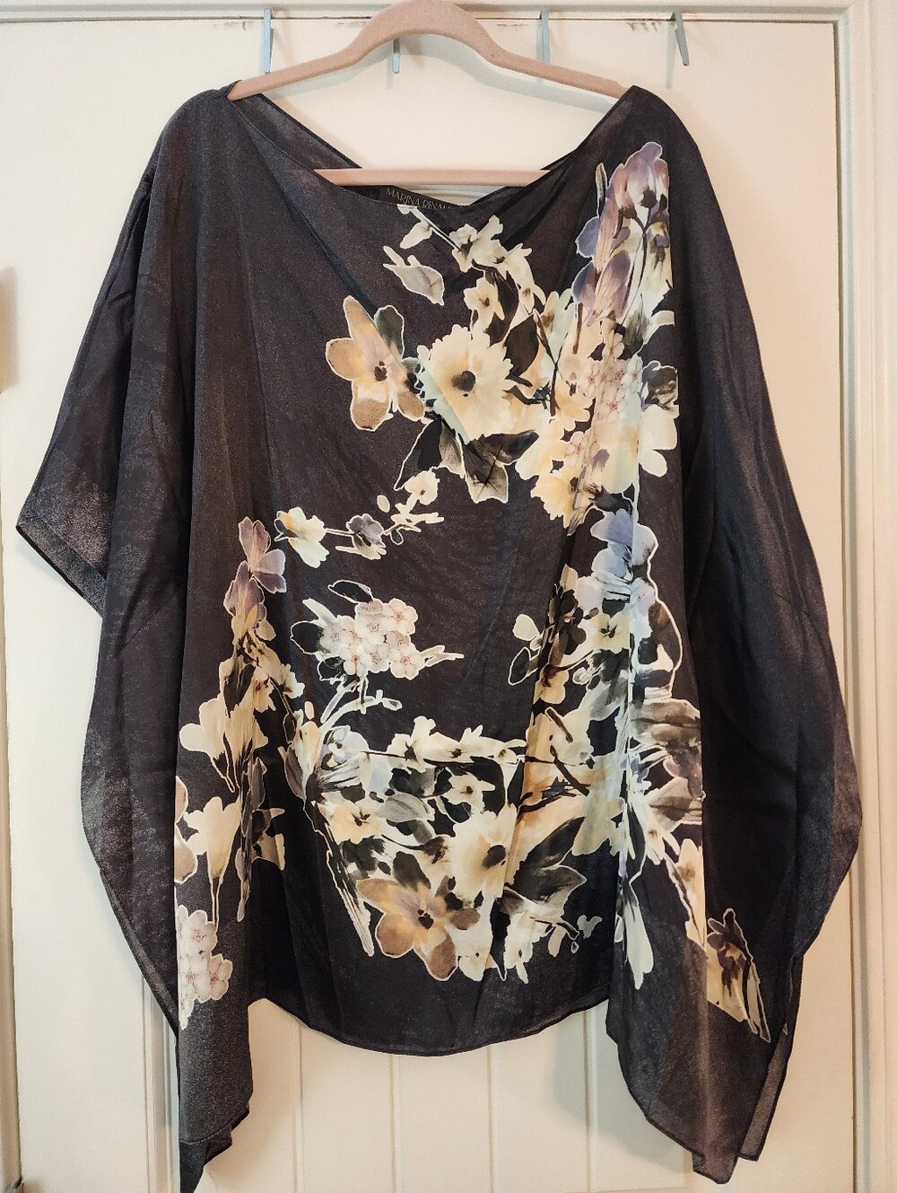 Marina Rinaldi Italy NWT Sz 16 100% Silk Black Floral Poncho Fairy Quiet Luxury